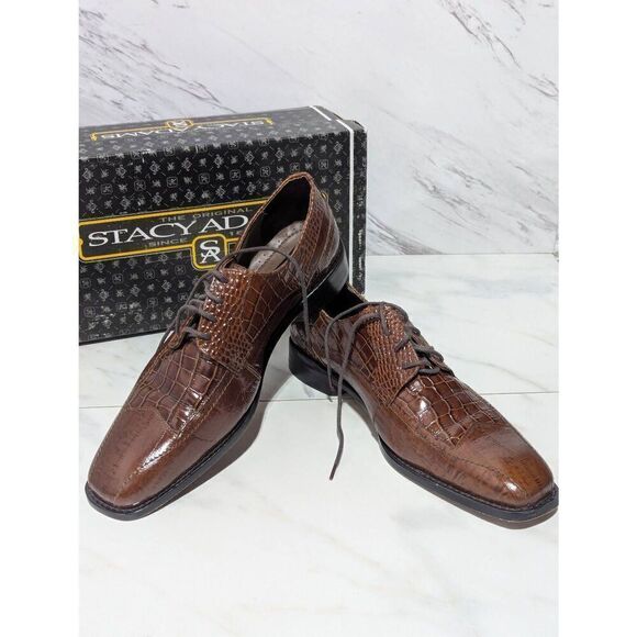 Stacy Adams Men's Brown Trevisco Tobacco Croc Embossed Leather Tie Oxford Size 1 - Picture 1 of 9
